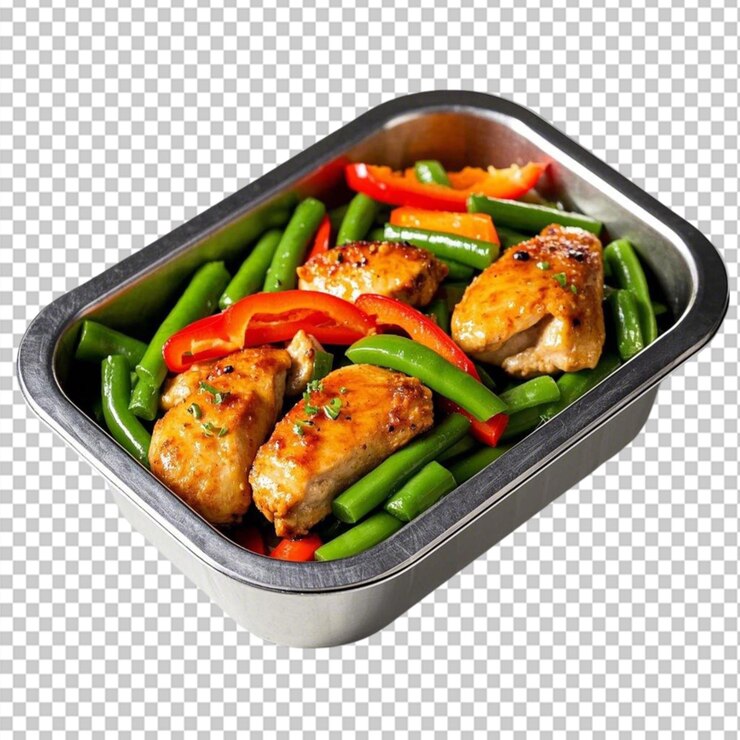 PSD rühren sie huhn, süßpfeffer und grüne bohnen, serviert in einem silbernen gastronomiebehälter auf durchsichtigem hintergrund.