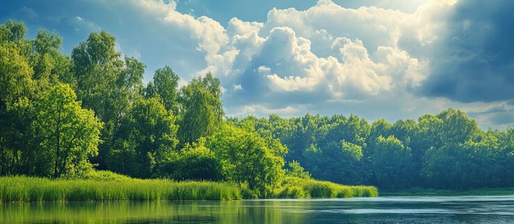 PSD ruhige flussscene mit üppigem grün und dramatischen wolken