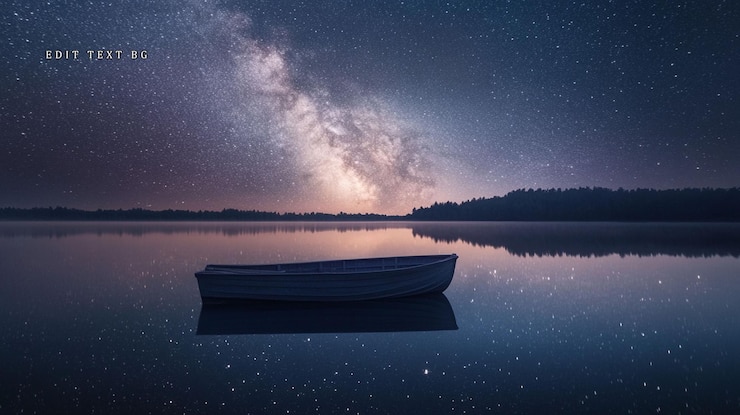 PSD ruhige nachtszene mit einem kleinen boot auf einem ruhigen see unter einem atemberaubenden sternenhimmel milchstraßen-galaxie sichtbar