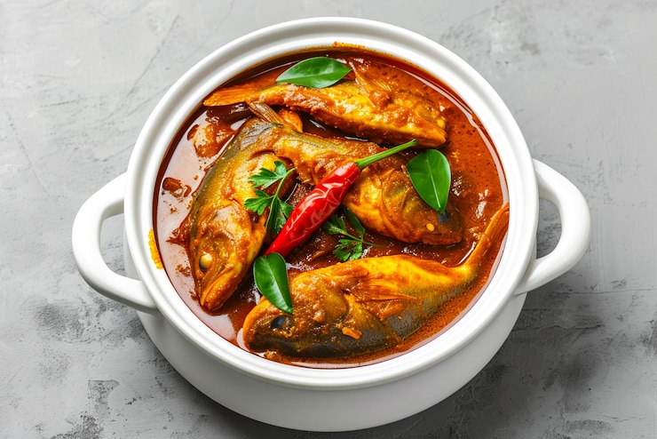 PSD ruhu rui nebo katla fish curry tradiční bengálské rybí kari na transparentním pozadí