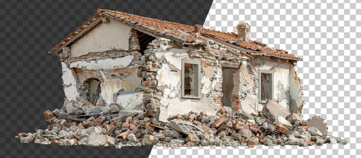 PSD ruinas de edificios demolidos con escombros esparcidos en un fondo transparente