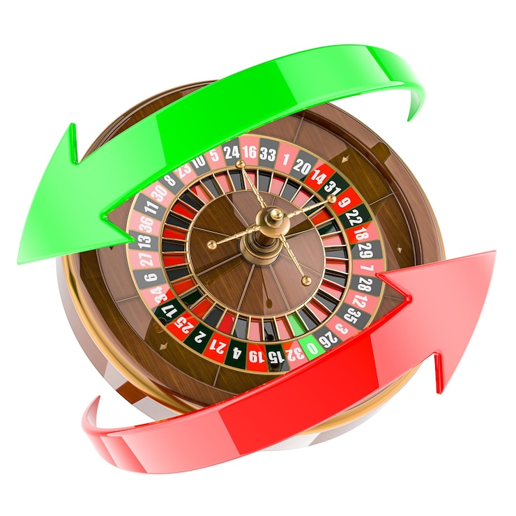 PSD ruleta de casino con flechas verdes y rojas alrededor de renderización 3d aislado en fondo transparente