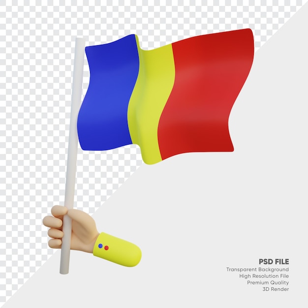 Rumänien-Flagge 3D-Darstellung mit der Hand, die es hält