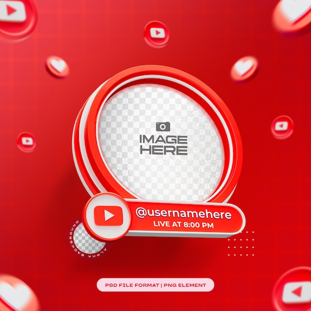Rundes Social-Media-Profil 3D-Rahmen für Youtube Isolierte 3D-Objekt