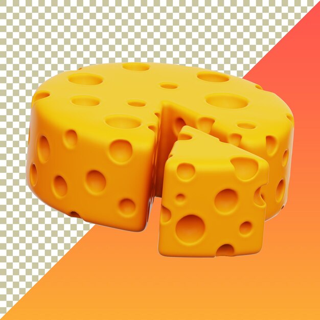 Ruota di formaggio in cartone animato 3D su sfondo isolato e trasparente
