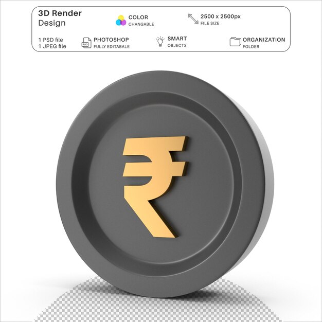 Rupee-Münze 3D-Modellierung PSD-Datei Realistisches indisches Rupie-Symbol