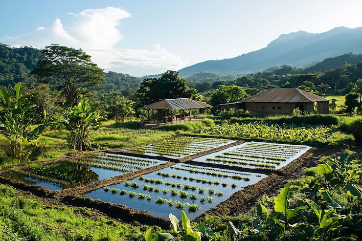 PSD rural farming scene with paddy fields and small buildings nestled in a valley lush greenery paddy rice seedlings and tranquil atmosphere