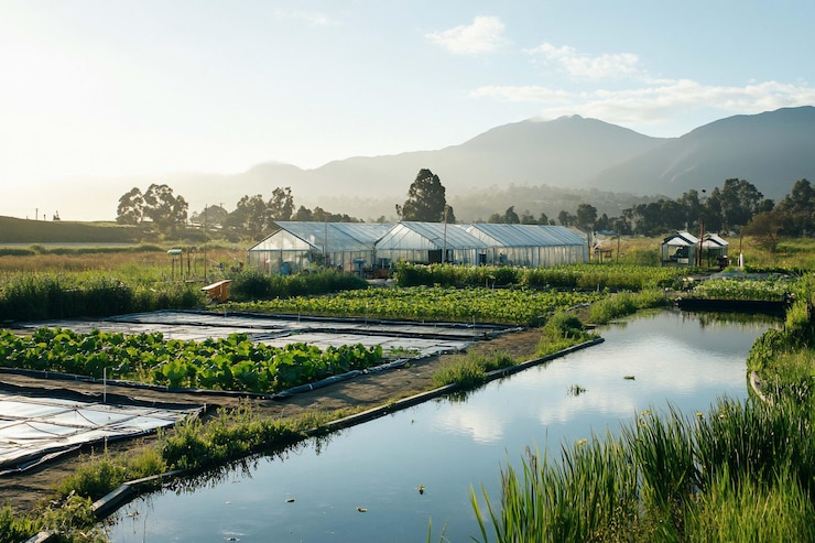 PSD rural greenhouse complex alongside a tranquil canal featuring raised beds with various crops bathed in soft morning light with distant mountains