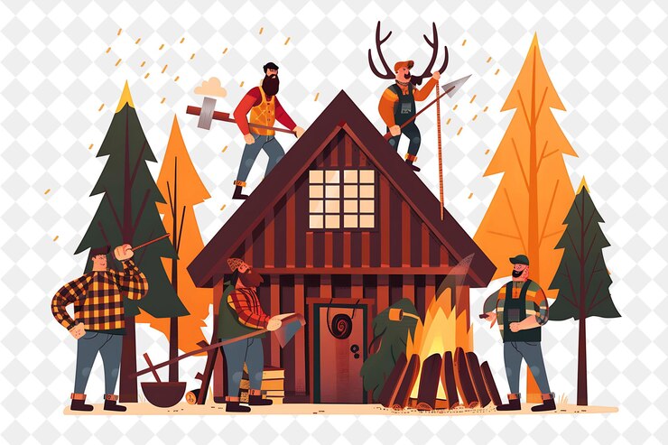 PSD rustic chalet with lumberjack characters having a wood chopp people life style flat illustration