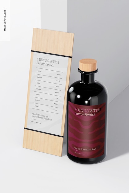 Rustic Menu with Liquor Bottle Mockup, Right View