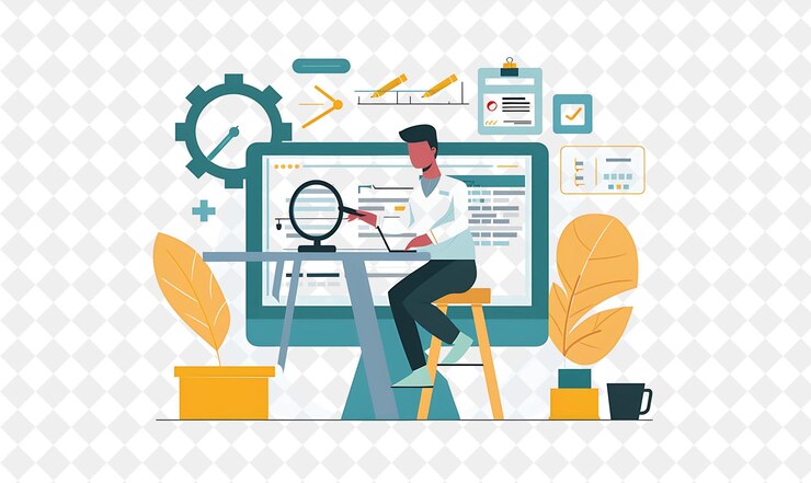 PSD rustic qa engineer con caracteres probando y asegurando la gente de png suave en la ilustración de trabajo diario