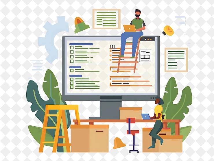 PSD rustic qa engineer with characters testing and ensuring soft png people in daily work illustration