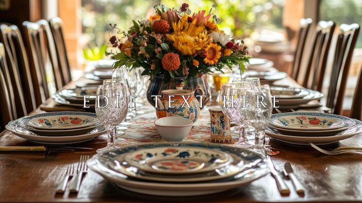 PSD rustic table setting with floral centerpiece plates glasses and silverware