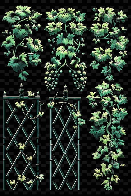 PSD rustic vineyard trellises pixel art com formas geométricas nos forma textura criativa desenhos de itens de neon y2k