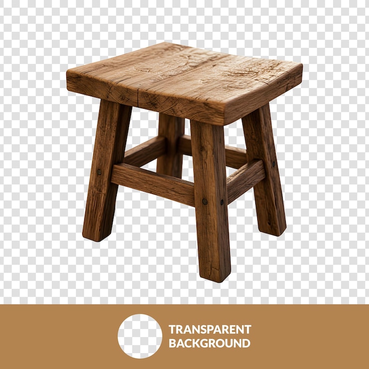 PSD rustic wooden stool with square seat vintage style