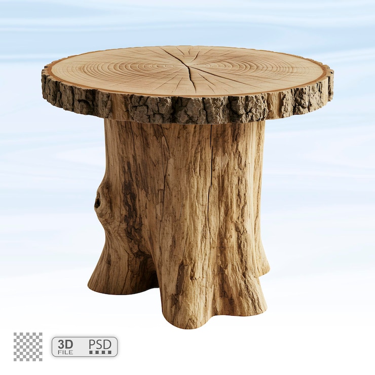 PSD rustic wooden tree stump table with natural wood texture