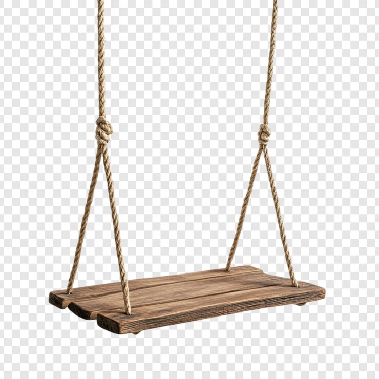 PSD rustikale holzschwinge, die an dicken seilknoten hängen, einfaches design, natürliche holzstruktur