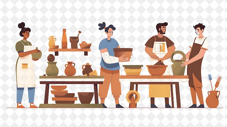 PSD rustikaler töpfer mit charakteren erstellen und entwerfen von töpferwaren png menschen in der täglichen arbeit illustration