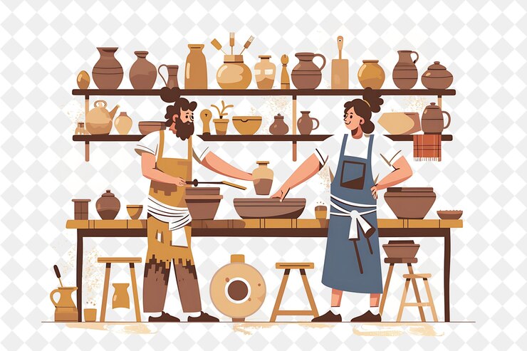 PSD rustikaler töpfer mit charakteren erstellen und entwerfen von töpferwaren png menschen in der täglichen arbeit illustration