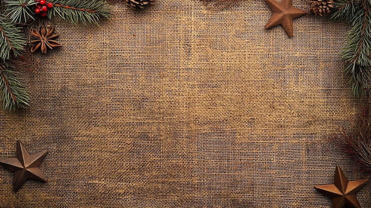 PSD rustikaler weihnachts-hintergrund mit kiefernzweigen, sternen und gewürzen auf einer burlapähnlichen oberfläche