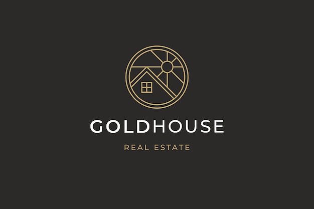 Rustikales Hausdach Sonnenkreis goldener Minimallinie Logo-Design-Vorlage für Immobilienagentur