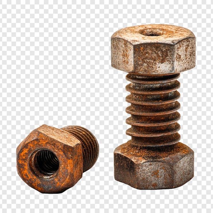 PSD rusty bolts isolated on white background