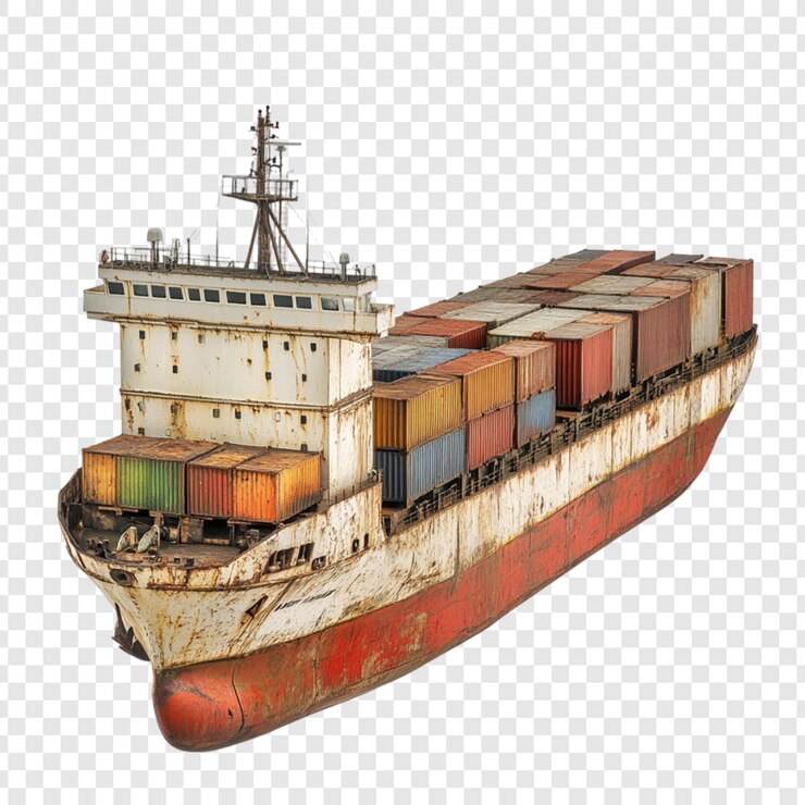 PSD rusty cargo ship with containers old vessel maritime transport