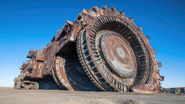 Rusty enorme excavadora de ruedas de minería en un suelo de tierra bajo un cielo azul claro