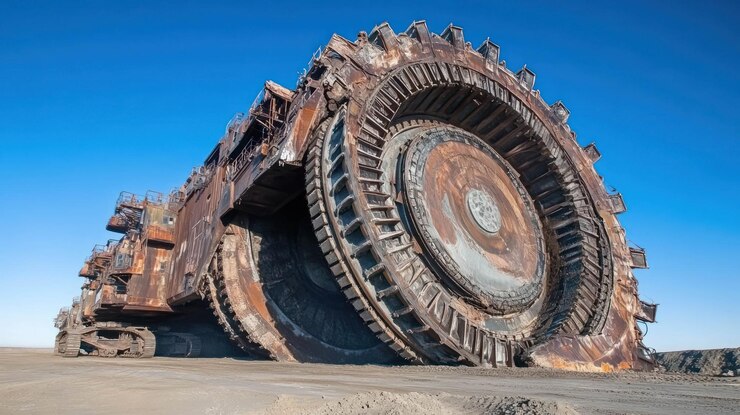 PSD rusty enorme excavadora de ruedas de minería en un suelo de tierra bajo un cielo azul claro