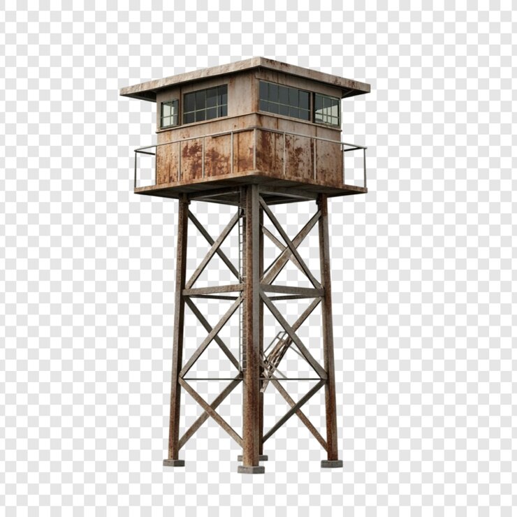PSD rusty watchtower una estructura de acero desgastado alta e imponente con una pequeña sala de observación en su pico que muestra signos de edad y óxido los detalles arquitectónicos y la fuerza industrial son evidentes