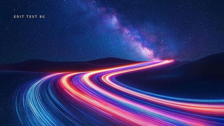 PSD rutas de luz coloridas en un camino sinuoso por la noche bajo la galaxia de la vía láctea