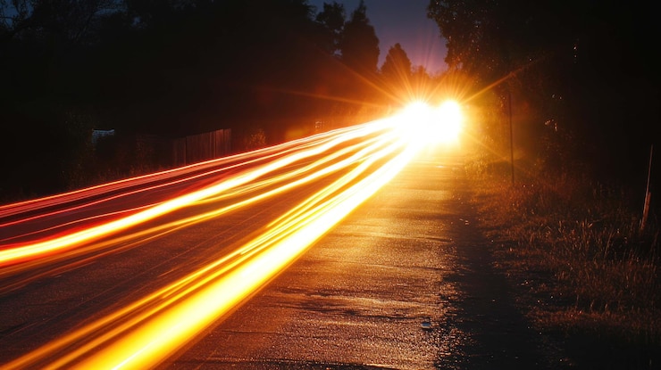 PSD rutas de luz nocturna en un camino de campo