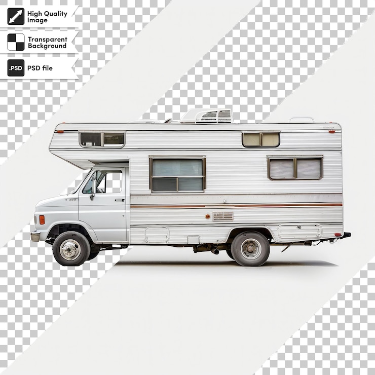 PSD un rv blanco con un camper en la parte de atrás y las palabras "camper" en el lado