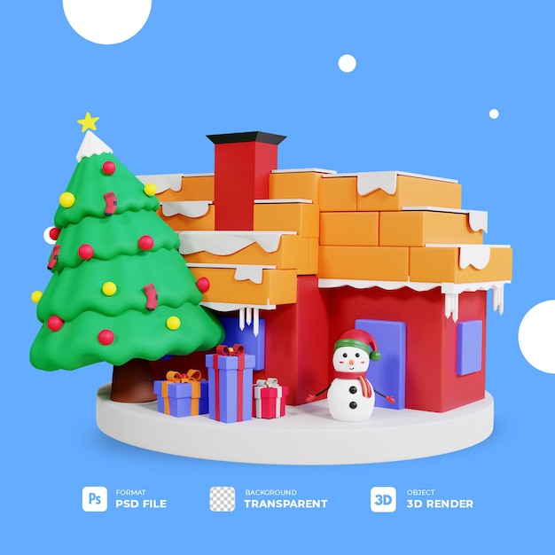 Árvore de natal 3D, caixa de presente e boneco de neve na casa de natal