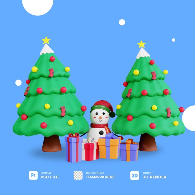 Árvore de natal 3D com boneco de neve e caixa de presente