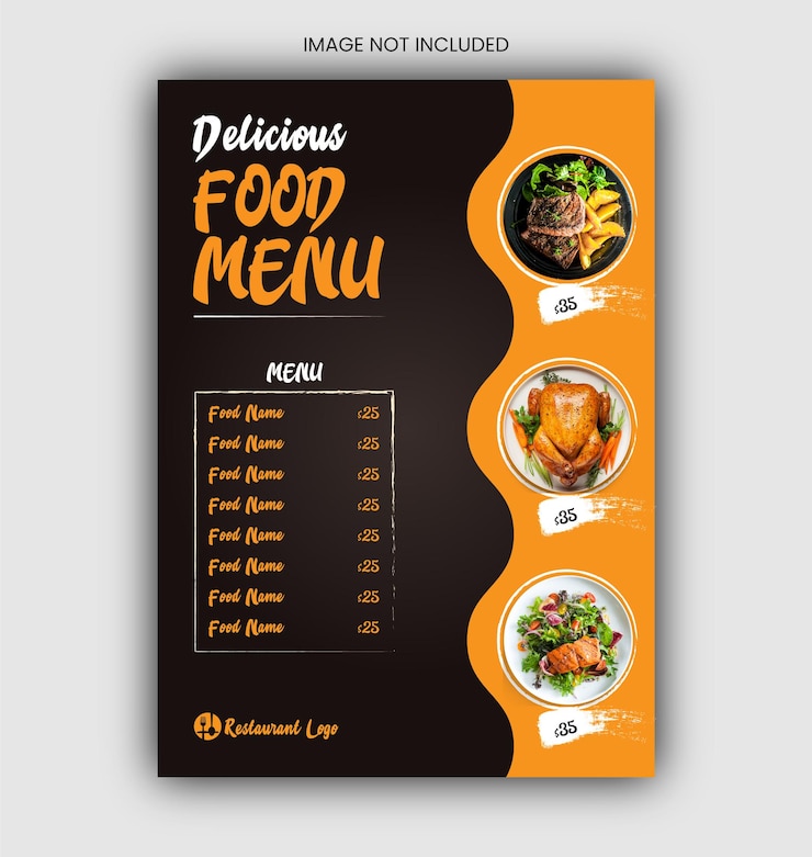 Šablona návrhu menu s lahodným jídlem nebo návrhu letáku v tmavé barvě