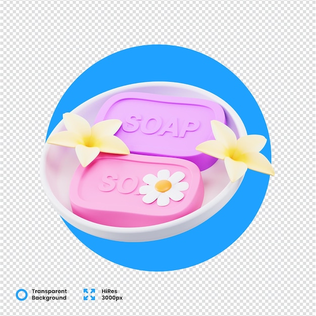 Sabões cor-de-rosa e roxo renderizados em 3D com decoração floral
