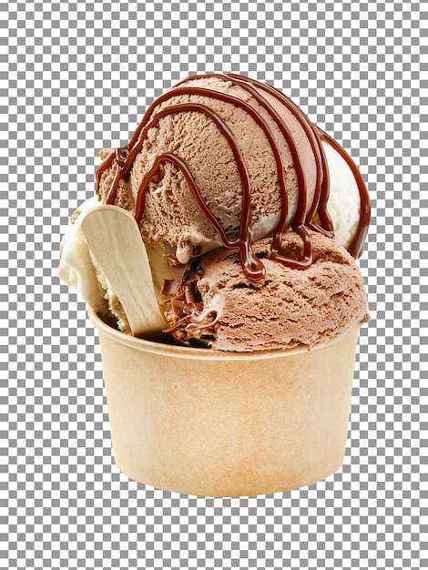 PSD saborosa colher de sorvete de chocolate em um copo de bolacha isolado em fundo transparente