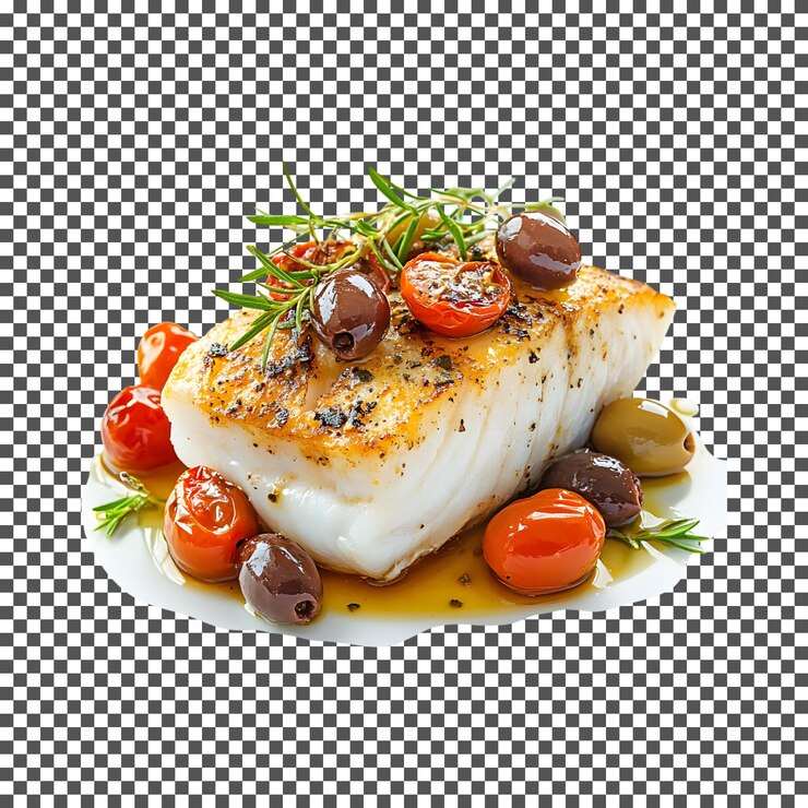 PSD saboroso bacalao asado con tomates cereza aislados sobre un fondo transparente