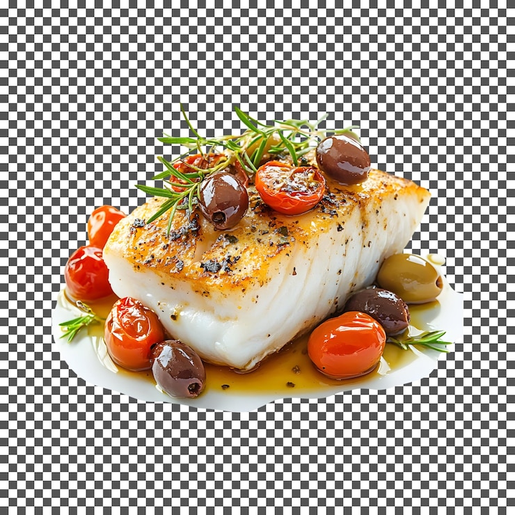 PSD saboroso bacalhau assado com tomates cereja isolados em fundo transparente
