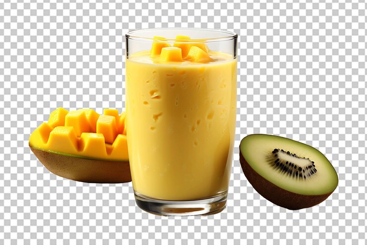 PSD saboroso frasco de mango y kiwi aislado sobre un fondo transparente