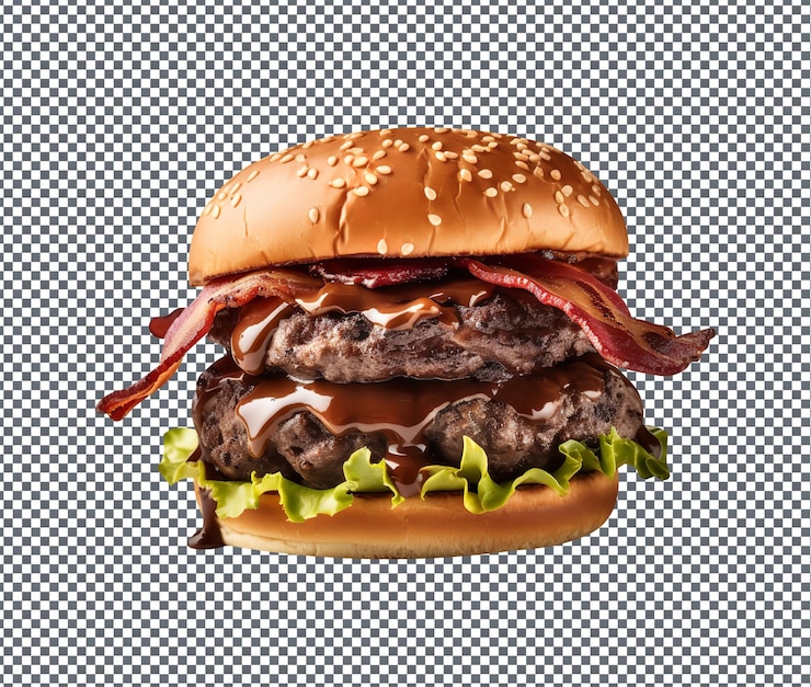 PSD saboroso hambúrguer de carne de vaca com bacon de chocolate isolado em fundo transparente