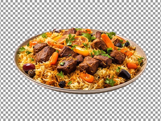 PSD saboroso picante kabuli pulao com carne e legumes em fundo transparente