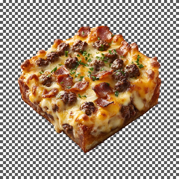 PSD sabrosa cacerola de hamburguesa de queso y tocino aislada sobre un fondo transparente