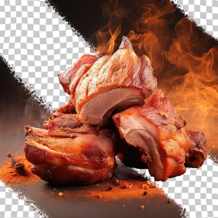 PSD sabrosa carne de cerdo ahumada como bocadillo de fondo transparente