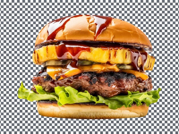 PSD sabrosa hamburguesa teriyaki hawaiana aislada sobre fondo transparente