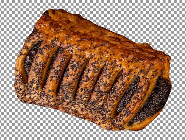 Sabrosa hogaza de pan con semillas de sésamo negro sobre fondo transparente