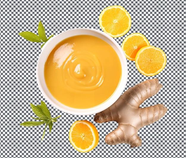 Sabrosa salsa de jengibre de naranja en un cuenco aislado sobre un fondo transparente