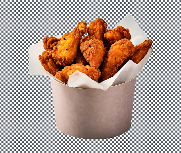 Sabrosas alas de pollo fritas en un cubo aislado sobre un fondo transparente