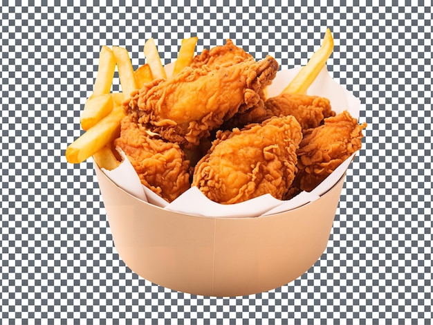Sabrosas alas de pollo fritas en un cubo aislado sobre un fondo transparente
